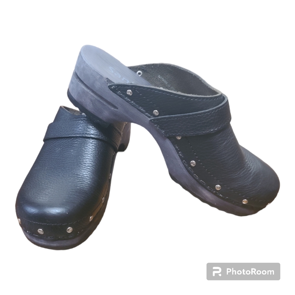 Sanita Open-Back Silver Stud Leather Clog With Over Strap